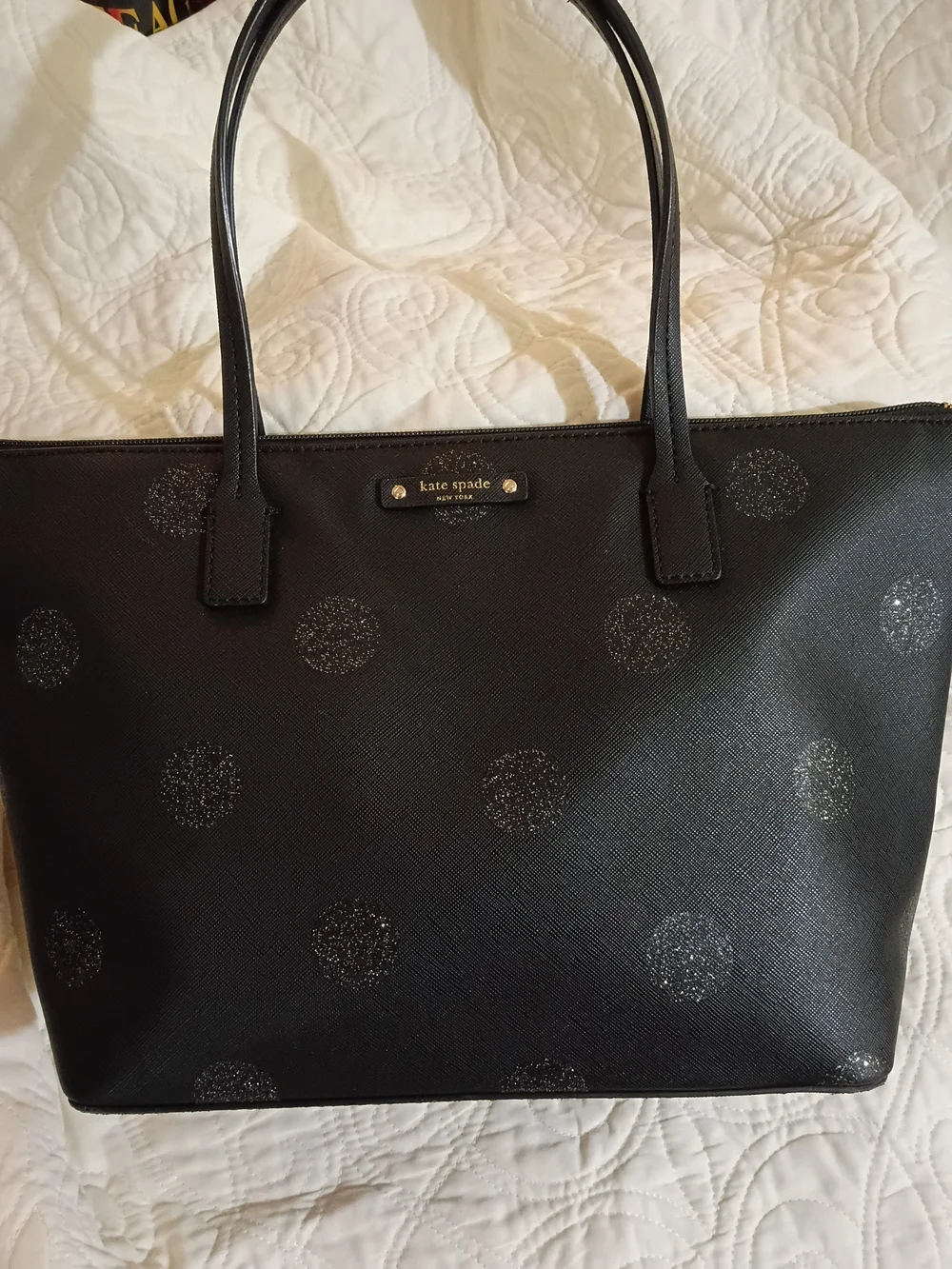 Kate Spade Black Glitter Dot Leather Tote Euc